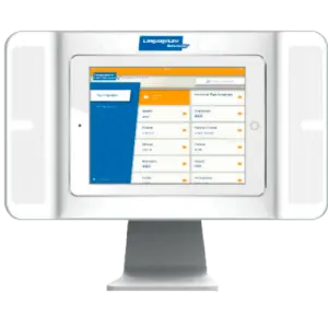 The LanguageLine tabletop stand with speakers on the side, a tablet 